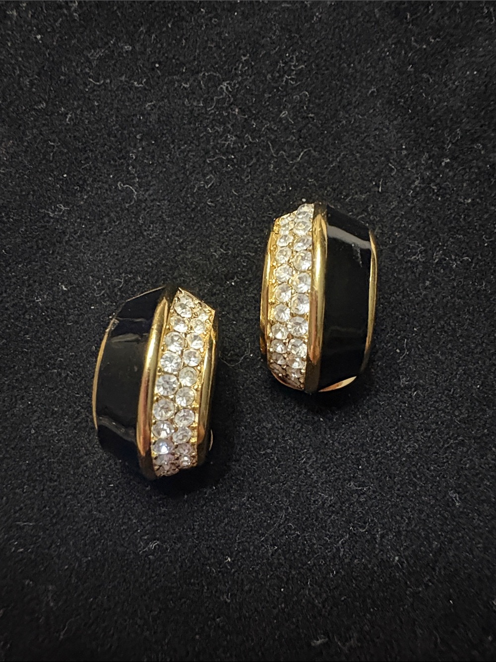 Gold-Tone Black Enamel and Crystal Clip Earrings
